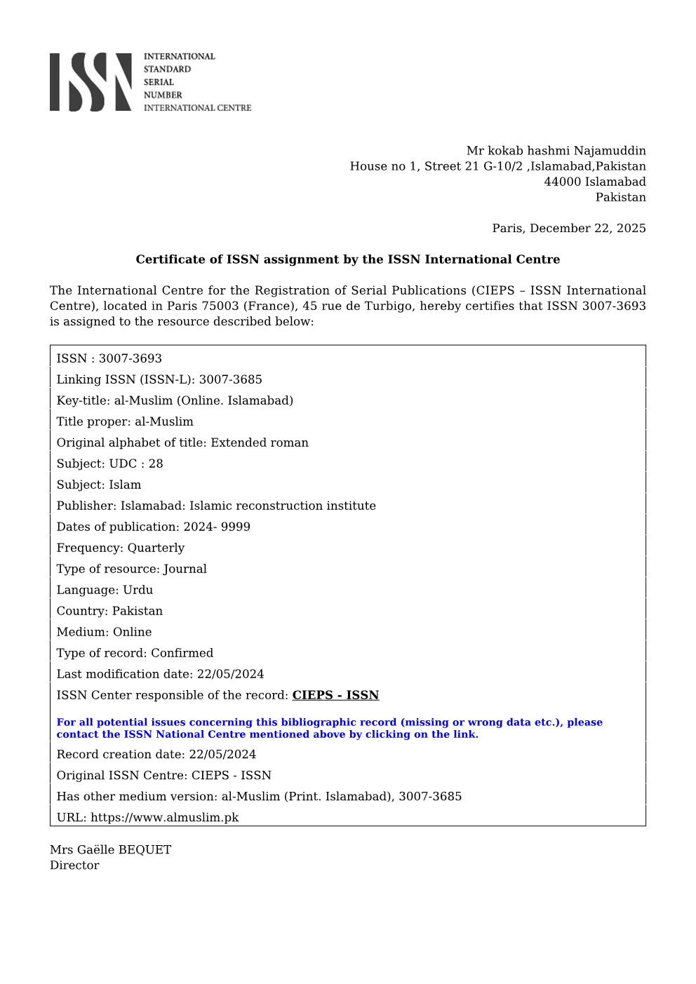 ISSN Registration Certificate